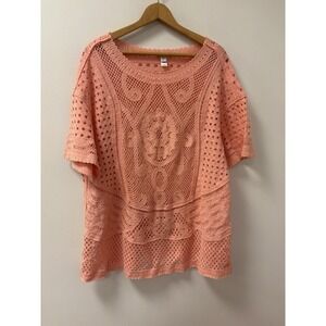 Cato Women's 14/16 Peach Crochet Top Short Sleeve Tunic Length